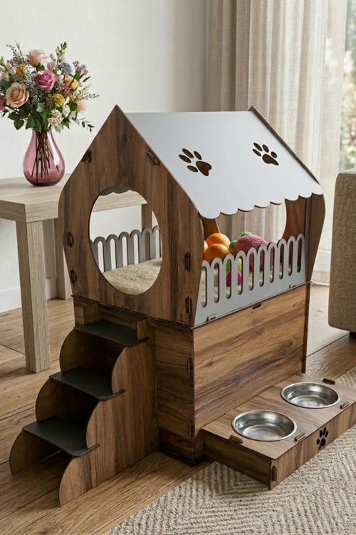 Dekoratif Teraslı Kedi Evi ve Mama Kabı Seti