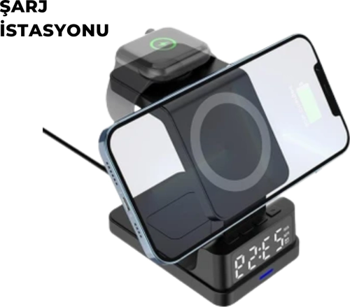 Kablosuz Şarj İstasyonu Ve Dijital Saat – Apple Uyumlu, 3 Kademeli Işık Ayarı
