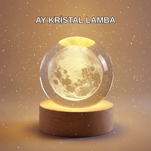 8 Cm Ay Desenli Kristal Küre Sıcak Led Işıklı Ahşap Tabanlı Oda Lambası