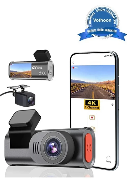 4k Wifi Çift Kameralı Araç Kamerası Gece Görüşlü G-sensörlü Dash Cam 170 Derece