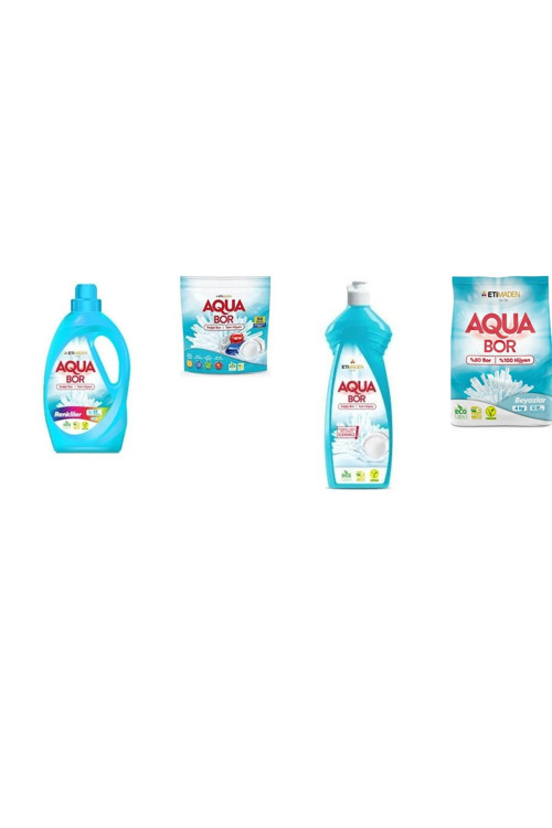 Aquabor Doğal Mineralli Sıvı Renkliler + Tablet + Elde Bulaşık + 4 Kg Beyaz 4 Lü Set