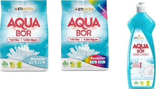 Aquabor Doğal Mineralli 4 Kg Beyaz + 4 Kg Renkliler + Elde Bulaşık 3 Lü Set