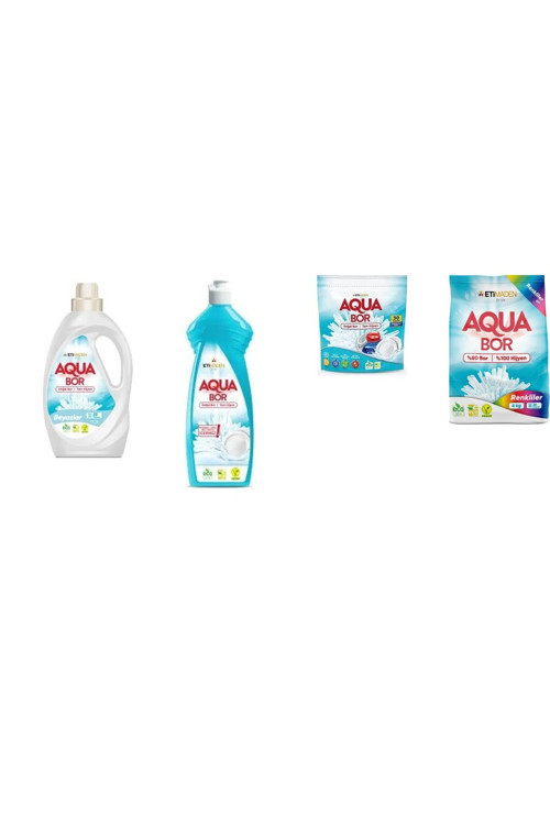 Aquabor Doğal Mineralli Sıvı Beyaz + Elde Bulaşık + Tablet + 4 Kg Renkliler 4 Lü Set