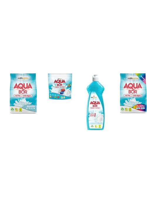 Aquabor Doğal Mineralli 4 Kg Beyaz + Tablet + Elde Bulaşık + 4 Kg Renkliler 4 Lü Set