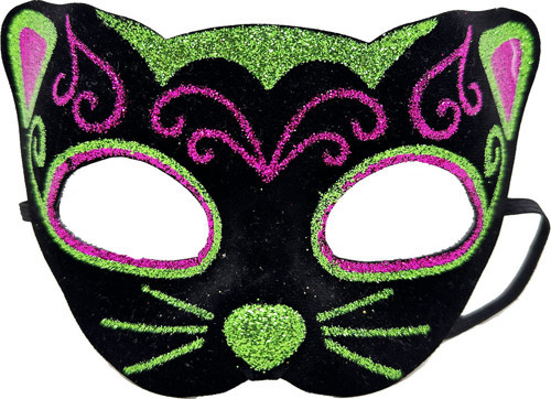 Siyah Kadife Kaplama Üzeri Pembe Yeşil Sim İşlemeli Kedi Maskesi 20x13 cm