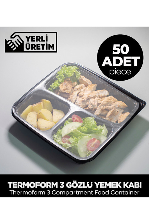 Termoform 3 Gözlü Yemek Kabı + Kapak - 50 Adet (Mikro Dalga'Da Kullanılabilir)