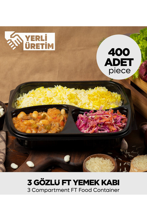 Termoform 3 Gözlü Yemek Kabı + Kapak - 200 Adet (Mikro Dalga'Da Kullanılabilir)