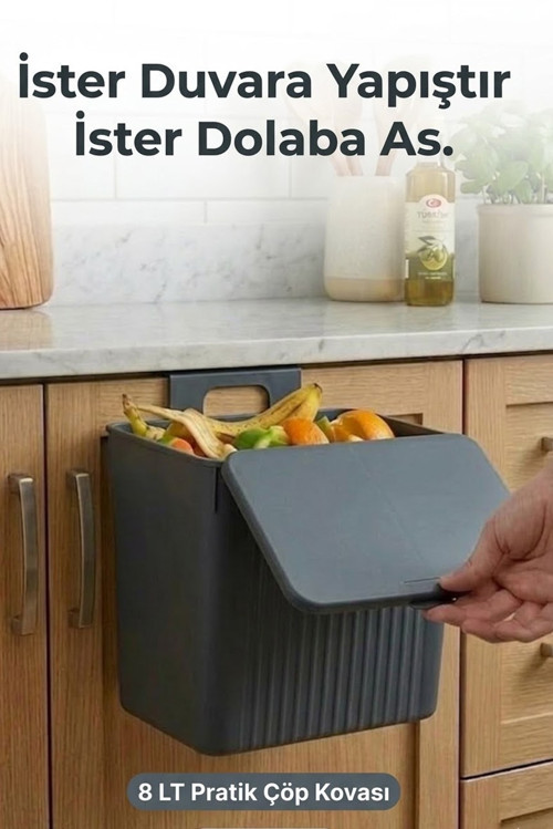 Askılı ve Yapışkanlı Mutfak Ve Banyo İçin Pratik Çöp Kovası 8LT
