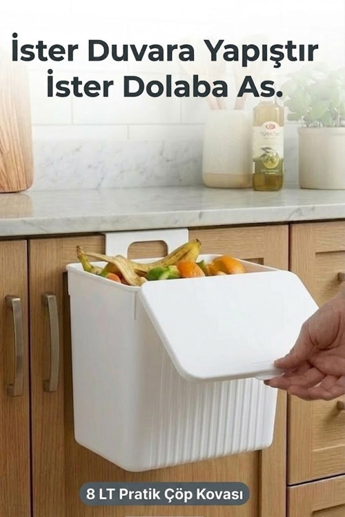Askılı ve Yapışkanlı Mutfak Ve Banyo İçin Pratik Çöp Kovası 8LT