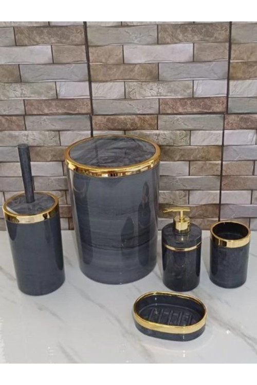 Akrilik Yuvarlak Banyo Seti 5’Li – Antrasit Gri Mermer Desen, Gold Kromaj