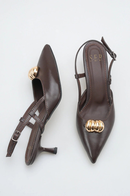 Topuklu Kadın Ayakkabı - 5 cm İnce Topuklu Sivri Burun Kadın Stiletto Ayakkabı Kahve