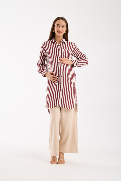 5500-Fermuar Körüklü Çizgili Spor Hamile Giyim Gömlek-Tunik