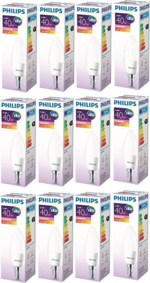 5,5W Ess Led Candle Mum E14 İnce Duy Ampul Sarı Işık 12 Adet