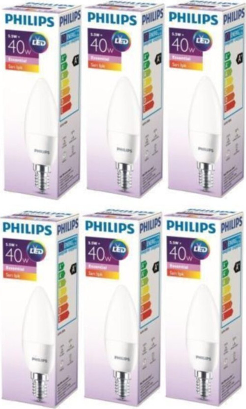5,5W Ess Led Candle Mum E14 İnce Duy Ampul Sarı Işık 6 Adet