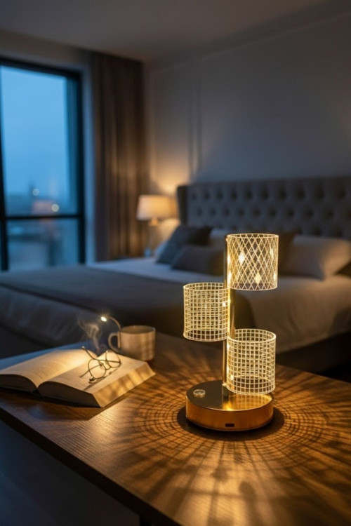 3 Parça Silindirik Kristal Ekose Kareli LED Masa Lambası – Gold Gövdeli, Dokunmatik, 3 Kadem