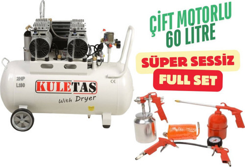 Kompresör Çift Motorlu 60 Litre Süper Sessiz Yağsız - Full Set - 3 Yıl Garanti