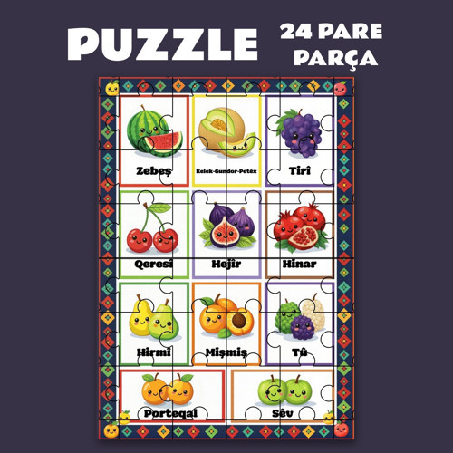 Pazil Bi Kurdî Fêkî Meyve - Kürtçe Puzzle Yapboz (24 Pare/Parça - A5)