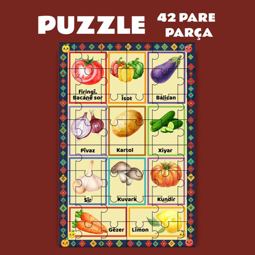 Pazil Bi Kurdî Sewze Sebze İsimleri - Kürtçe Puzzle Yapboz (42 Pare/Parça - A4)