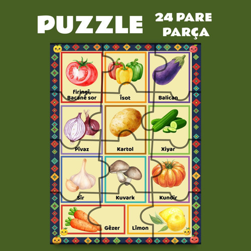 Pazil Bi Kurdî Sewze Sebzeler - Kürtçe Puzzle Yapboz (24 Pare/Parça - A5)