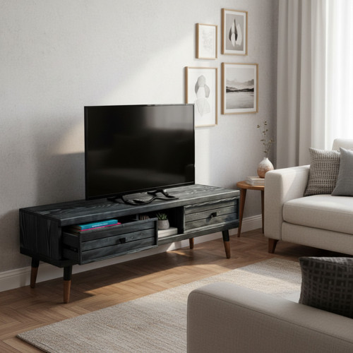 Stria TV, Doğal Masif Ahşap TV Ünitesi 2 Çekmeceli 1 Raflı - 120 cm AN