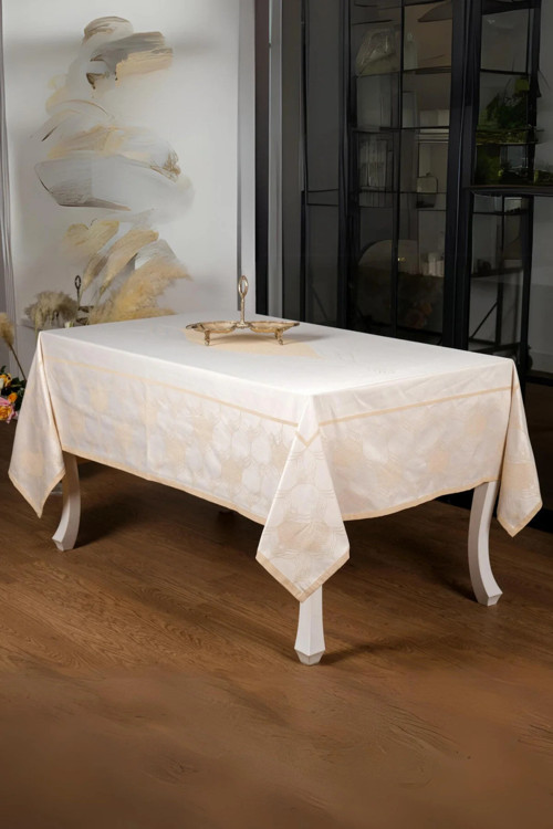 Aslı Lüx Jakar Tp Polycotton Kumaş Bej Masa Örtüsü 160x220 Cm 1225