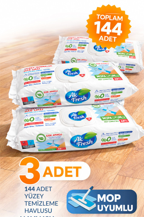 Mop Bezi, 3 Adet 48’Li - Mop Islak Mendili - Beyaz Sabun Kokulu - Tüm Zeminler