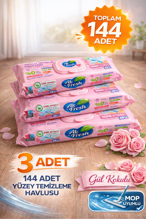 Mop Bezi, 3 Adet 48’Li - Mop Islak Mendili - Gül Kokulu - Tüm Zeminler
