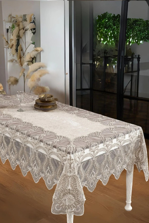 Veronica Dantelli Kadife Krem Bej Masa Örtüsü Dikdörtgen 160x230 Cm 1174