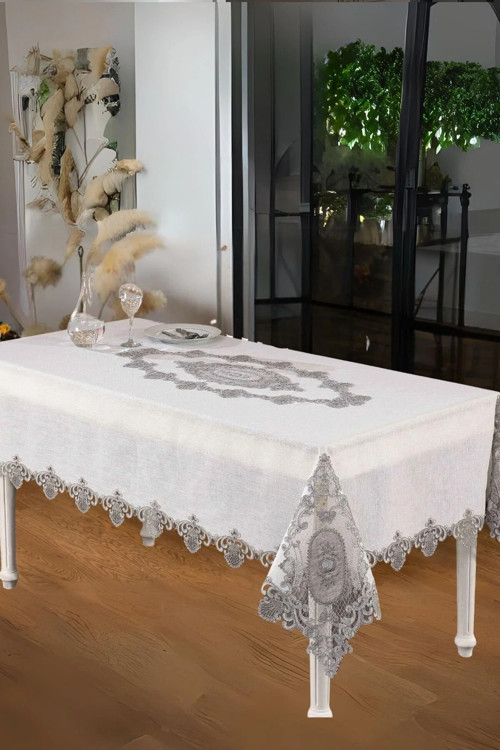 Asya Lüx Dantelli Simli Keten Kumaş Krem Masa Örtüsü 160x230 Cm 1168