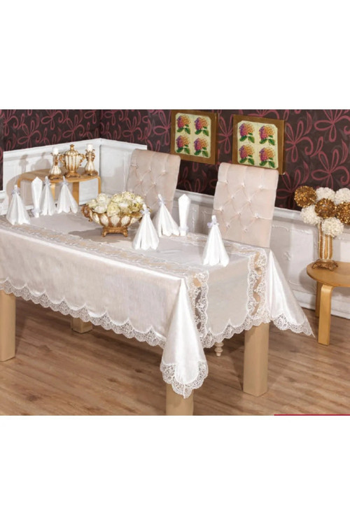 Elenora Osmanlı İpeği Güpürlü Beyaz Sofra Takımı 8 Kşl. 170x240 Cm 17 Prç. 455