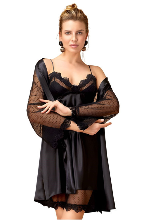 Dantel Detaylı Saten Gecelik Ve Sabahlık Takımı Kimono Set