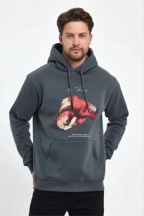 Erkek Kapüşonlu Üç İplik Pamuklu Baskılı Sweatshirt - Füme