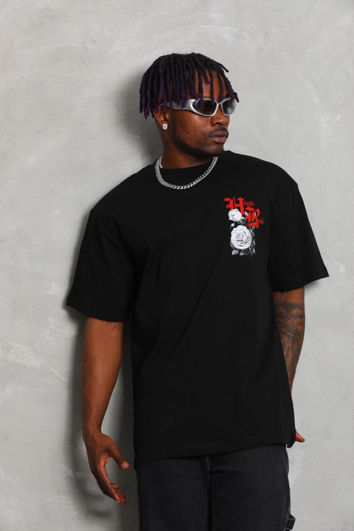 Oversize Baskılı Bisiklet Yaka T-Shirt - Siyah