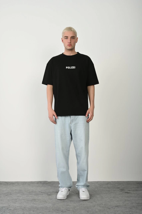 Erkek Baskılı T-Shirt Kısa Kol Bisiklet Yaka Rahat Kalıp Tişört - Siyah