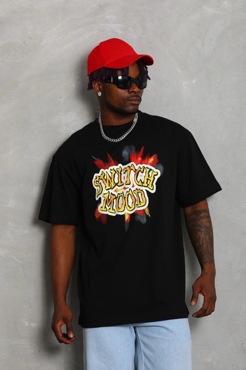 Oversize Baskılı Bisiklet Yaka T-Shirt - Siyah