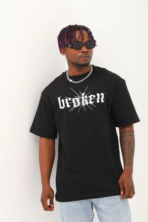 Oversize Baskılı Bisiklet Yaka T-Shirt - Siyah