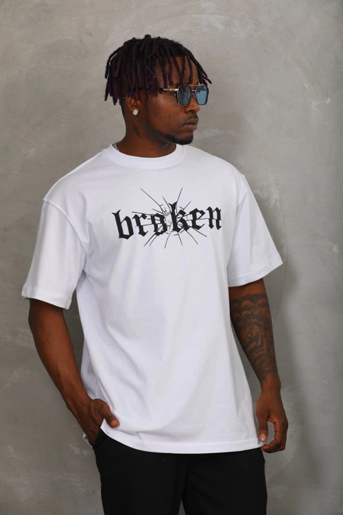 Oversize Baskılı Bisiklet Yaka T-Shirt - Beyaz