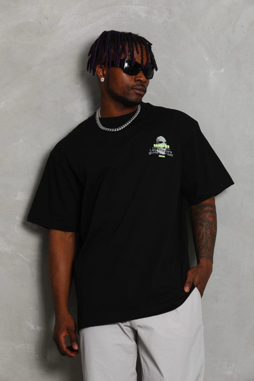 Oversize Baskılı Bisiklet Yaka T-Shirt - Siyah