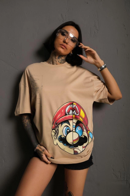 Kadın Mario Baskılı T-Shirt Oversize Kısa kol Bisiklet yaka tişort - Bej