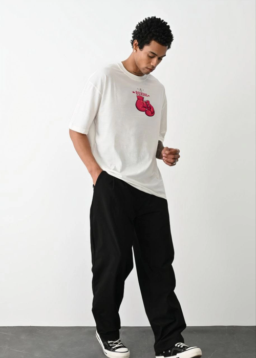 Bisiklet Yaka Baskılı Oversize T-Shirt - Beyaz