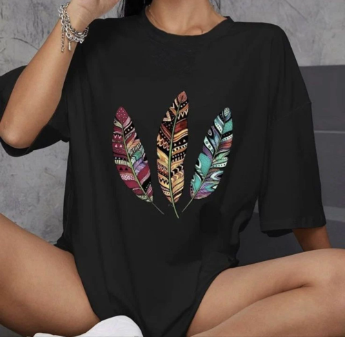 Bisiklet Yaka Baskılı Oversize T-Shirt - Siyah