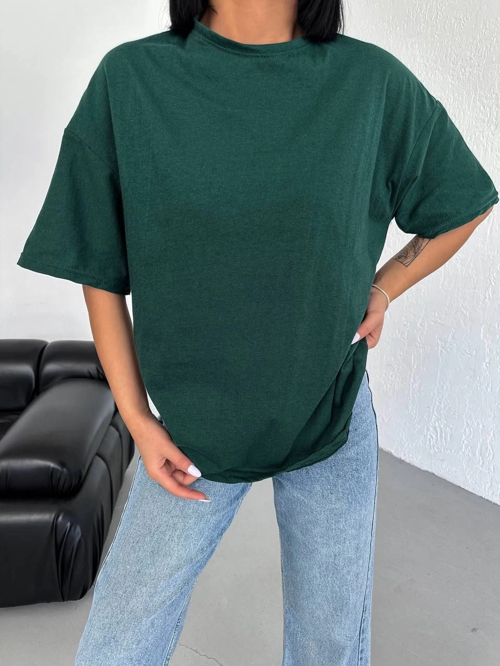 Kadın Düz T-Shirt Kısa Kol Bisiklet Yaka Ovarsize Rahat Kalıp Günlük Tişört - Haki