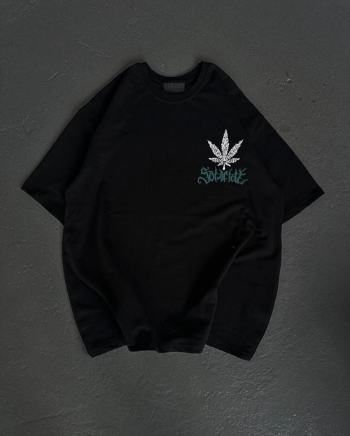 Bisiklet Yaka Baskılı Oversize T-Shirt - Siyah