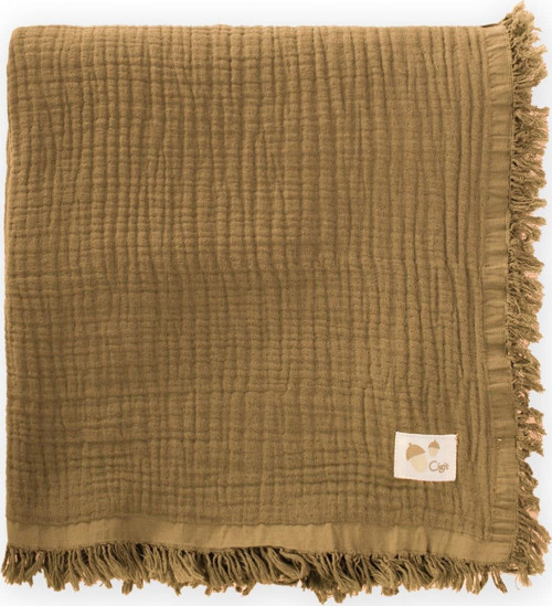 Dört Kat Püsküllü Organic Müslin Battaniye 80X120 Cm Hardal Sarı