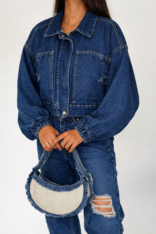 Kadın Açık Mavi Kısa Denim Ceket – Elastik Manşetli Crop Model