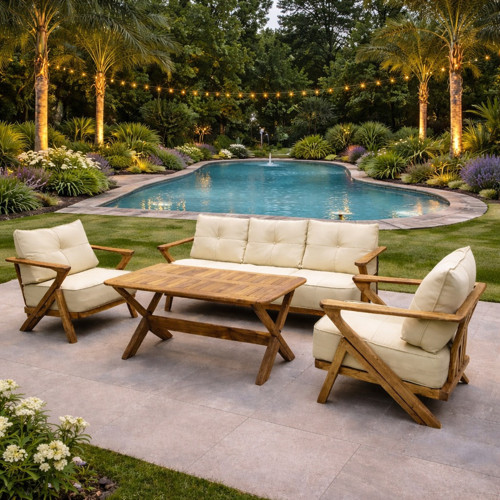 Asude Masif Kestane Ağacı Bahçe Balkon Koltuk Takımı 3+1+1+Masa Krem