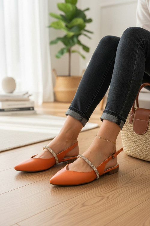 Kadın Taşlı Bant Detaylı Slingback Arkası Açık Zarif Babet