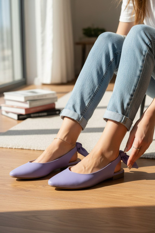 Kadın Arkası Fiyonk Detaylı Slingback Lila Babet
