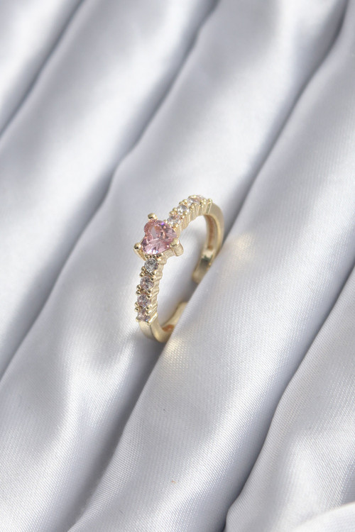 ieg™ Gold Renk Zirkon Taşlı Pembe Kristal Kalp Model Kadın Yüzük
