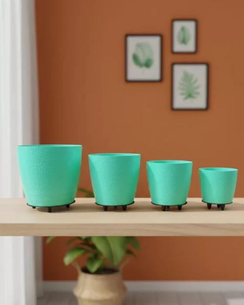 ieg™ 4’lü 3D Yeşil Dekoratif Vazo Seti Modern Ayaklı Şık Saksı Takımı